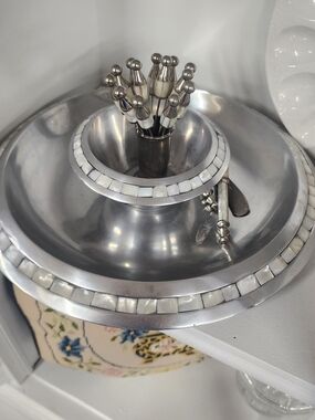 Silver Mother-of-Pearl Inlaid Serving Bowl with Picks And Knives